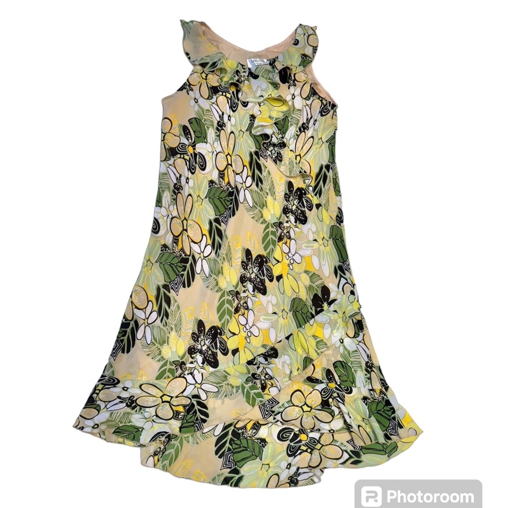 Dress-U-II VTG Y2K 90s Dresss Floral Ruffle Sheer Asymmetric Hem retro groovy